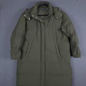 Polo Ralph Lauren Down Long Parka Coat Womens 2XL Green Hooded Quilted Full Zip‎